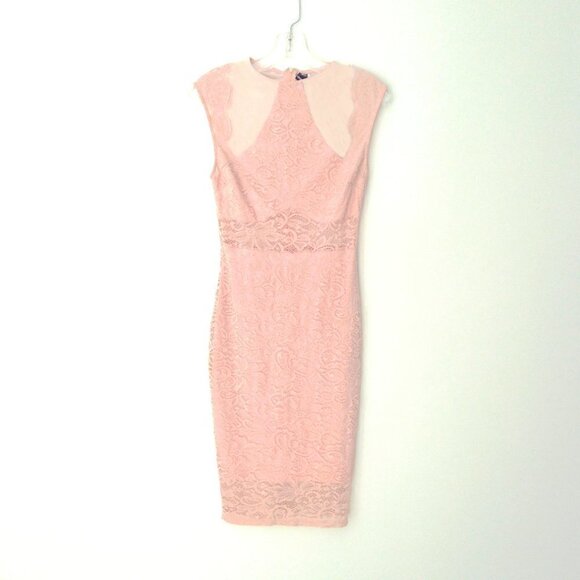 Windsor Blush Pink Stretch Lace Body Con Midi Dress Lined with Mesh Cutouts Sz S - Picture 1 of 6